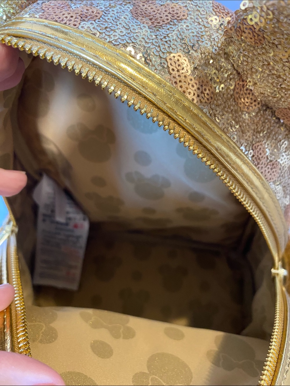 Loungefly Disney Parks Minnie Mouse gold sequin backpack with hidden mickeys NWT - Picture 4 of 8